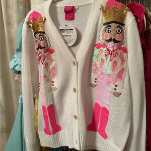 QUEEN OF SPARKLES Festive Cardigan with Pink and Gold Nutcracker